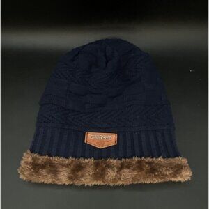 Unisex Song Ting Navy Brown Faux Fur Lining Toboggan